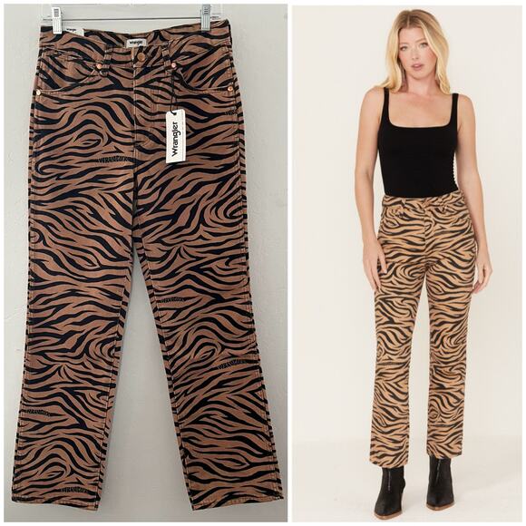 Wrangler High Rise Wild West Purr Animal Print 603 Straight Jeans Tan 27x28 NWT - Picture 1 of 15